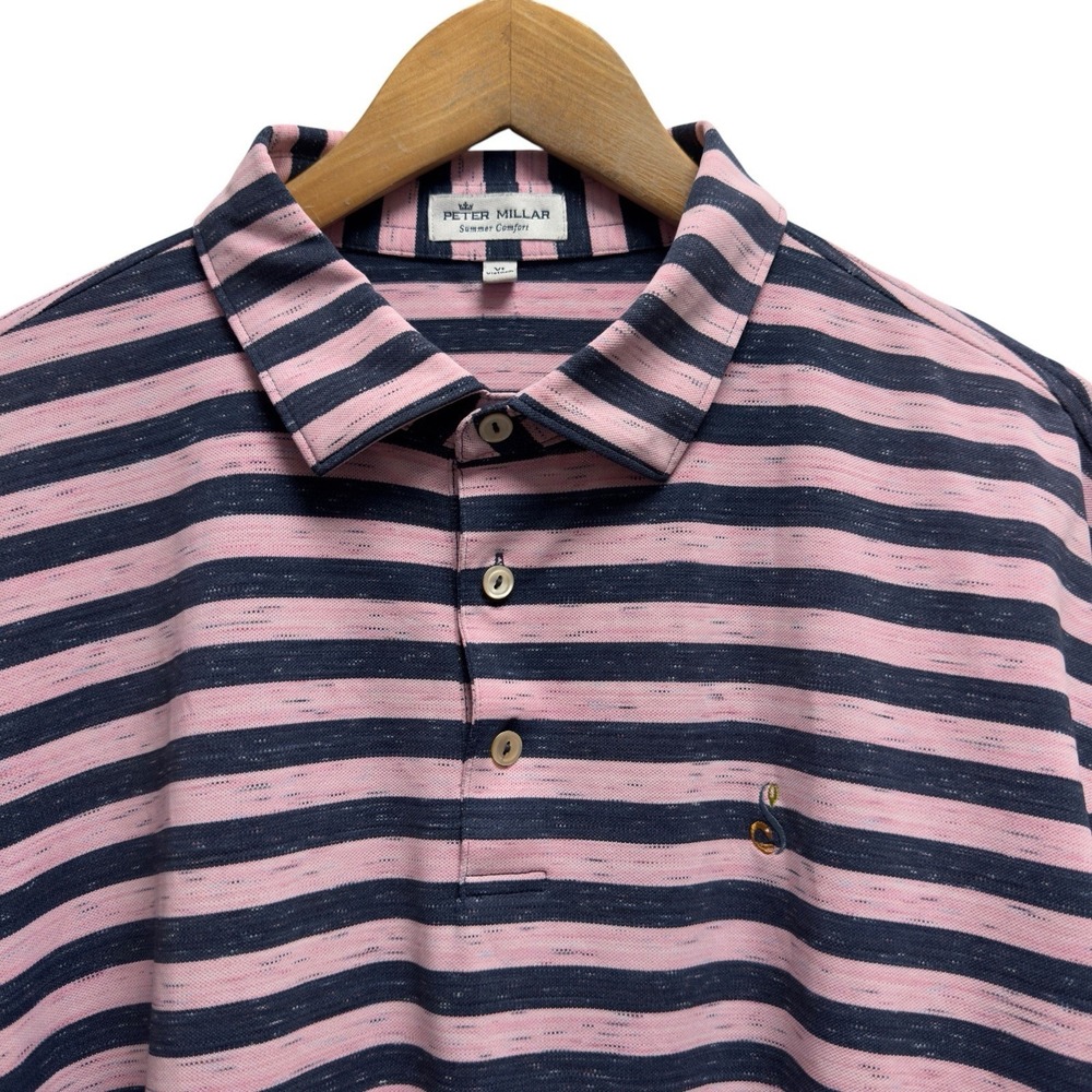 Peter Millar Summer Comfort Mens Sz XL Pink/Navy Striped Streaming Golf Polo euc